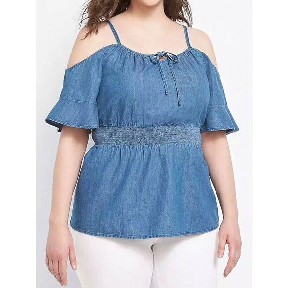 Lane Bryant Blouse Denim Top Smocked Waist Off Cold Shoulder jean shirt top - Picture 1 of 14